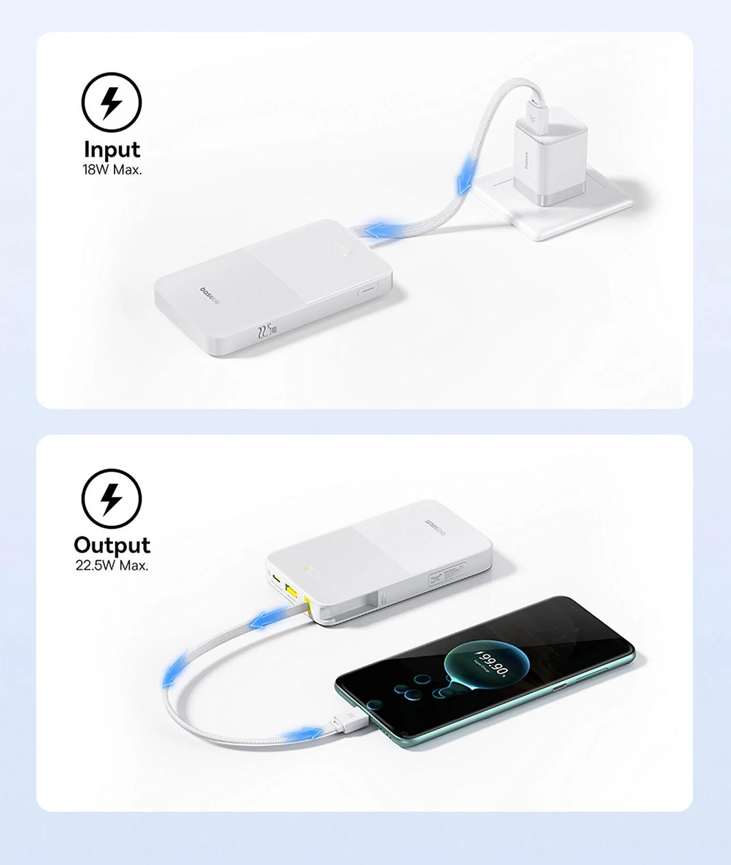 Ekstern batteri Baseus EnerFill Bipow2 Pro, 10000mAh, 22.5W, QC + PD, 1 x USB-A - 2 x USB-C, Hvit E0027601