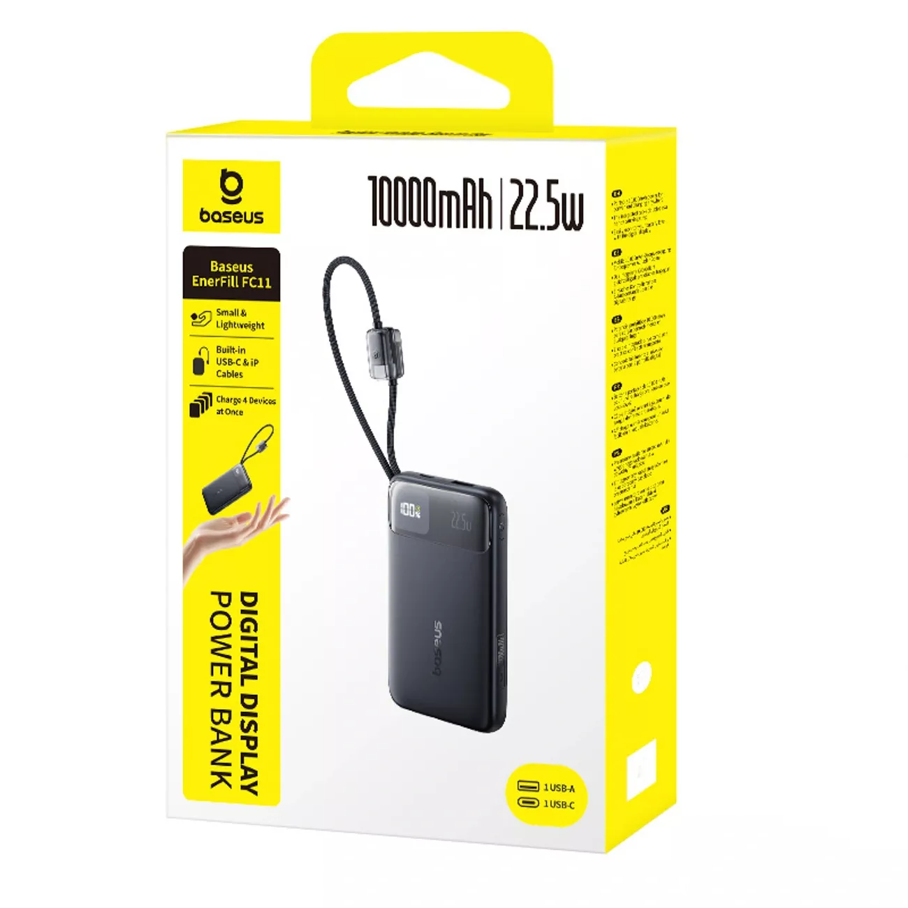 Baseus EnerFill FC11 Ekstern Batteri, 10000mAh, 22,5W, QC + PD, 1 x Lightning - 1 x USB-A - 2 x USB-C, Svart E0027R04