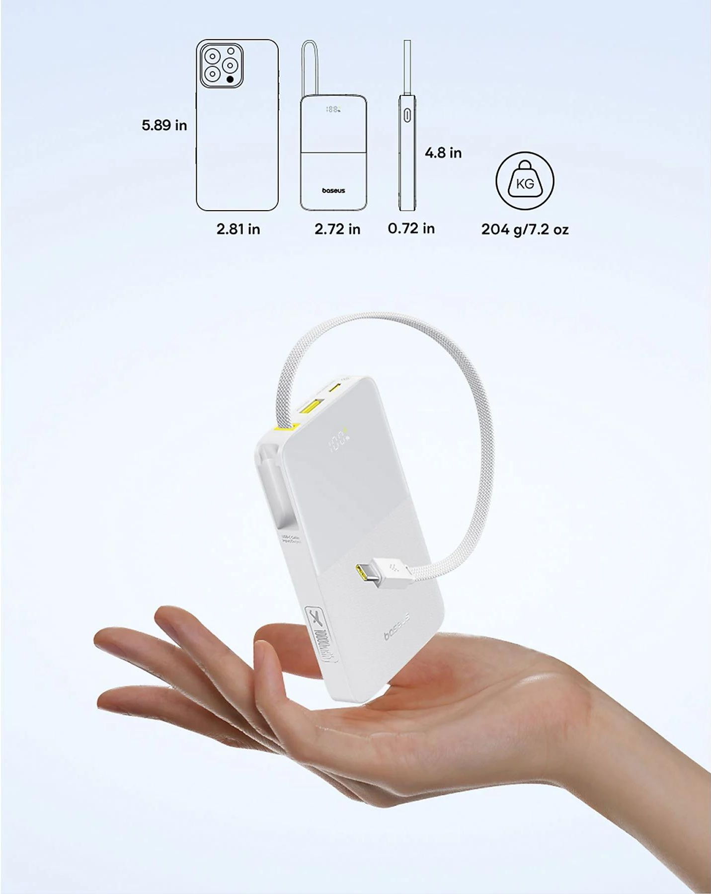 Ekstern batteri Baseus EnerFill Bipow2 Pro, 10000mAh, 22.5W, QC + PD, 1 x USB-A - 2 x USB-C, Hvit E0027601