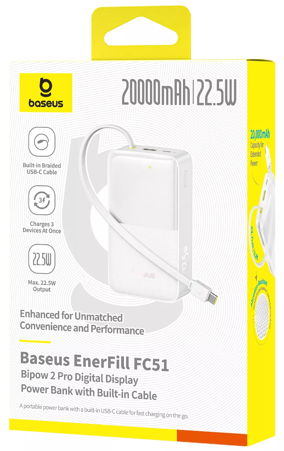 Ekstern batteri Baseus EnerFill Bipow2 Pro, 20000mAh, 22.5W, QC + PD, 1 x USB-A - 2 x USB-C, Hvit E0027700