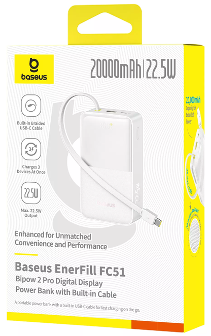 Ekstern batteri Baseus EnerFill Bipow2 Pro, 20000mAh, 22.5W, QC + PD, 1 x USB-A - 2 x USB-C, Hvit E0027700