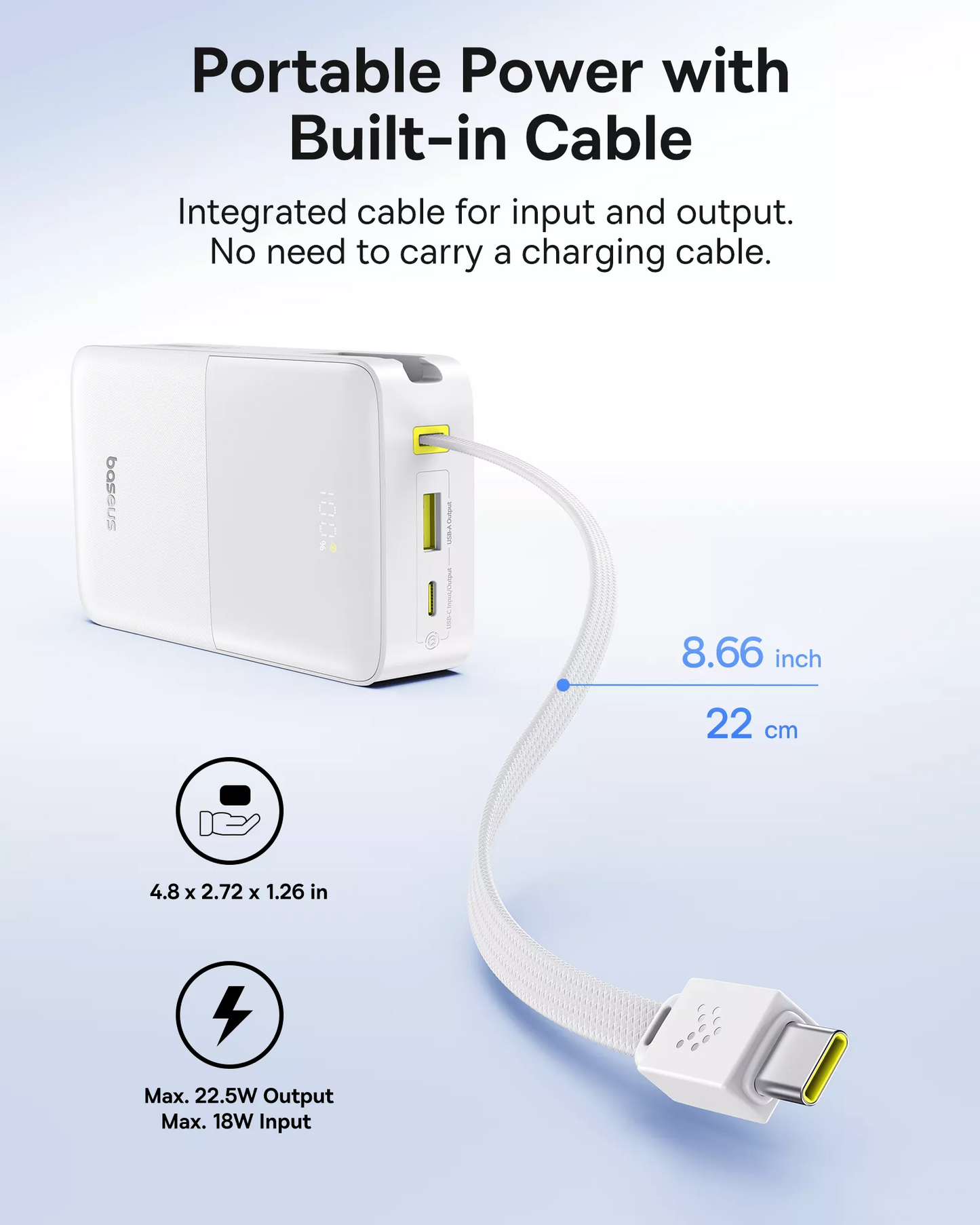 Ekstern batteri Baseus EnerFill Bipow2 Pro, 20000mAh, 22.5W, QC + PD, 1 x USB-A - 2 x USB-C, Hvit E0027700