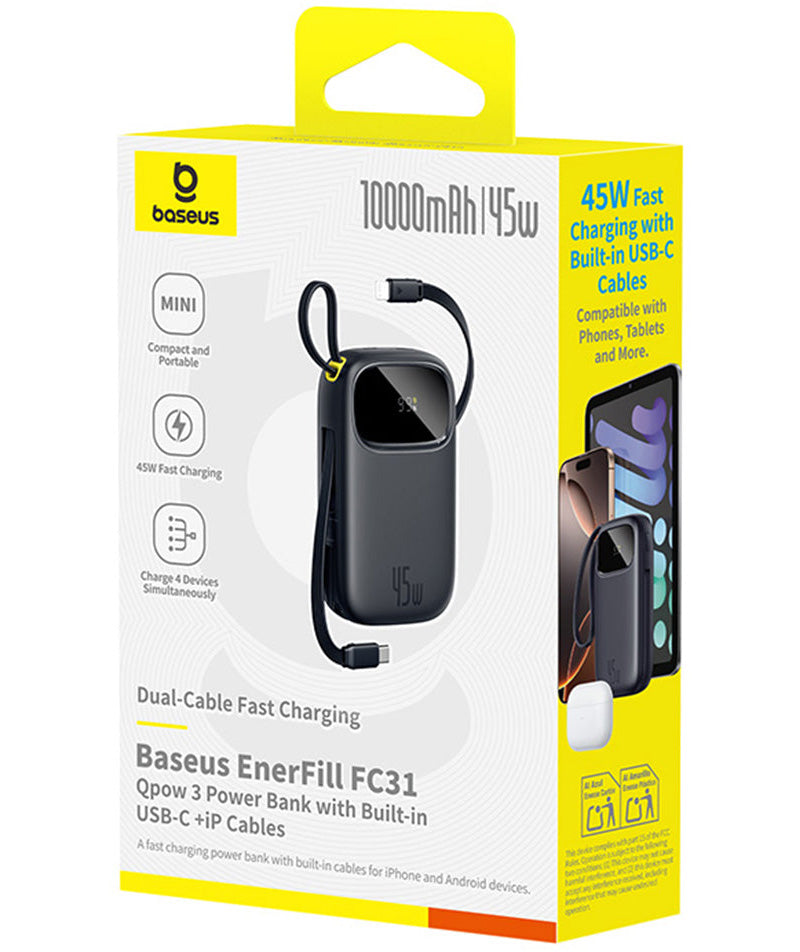 Baseus EnerFill FC31 Qpow 3 eksternt batteri, 10000mAh, 45W, QC + PD, 1 x USB-A - 3 x USB-C, svart P10082102123-00