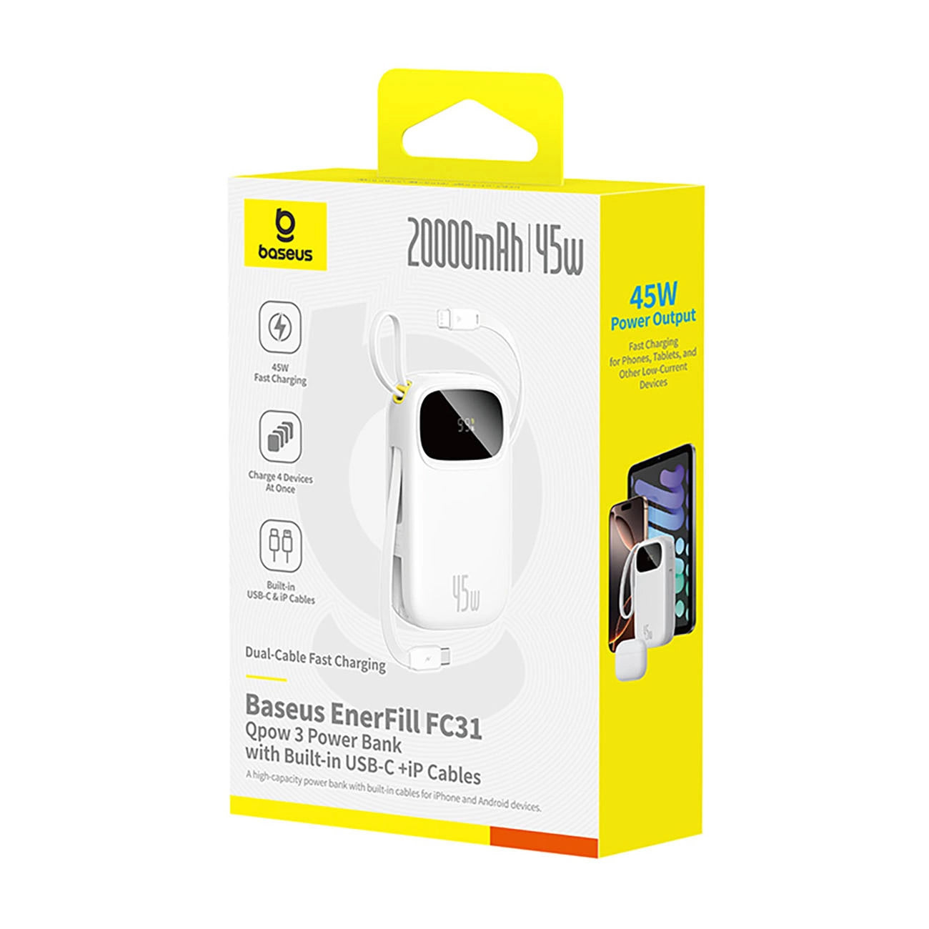 Ekstern batteri Baseus EnerFill FC31, 20000mAh, 45W, QC + PD, 1 x Lightning - 1 x USB-A - 2 x USB-C, Hvit E0028D01