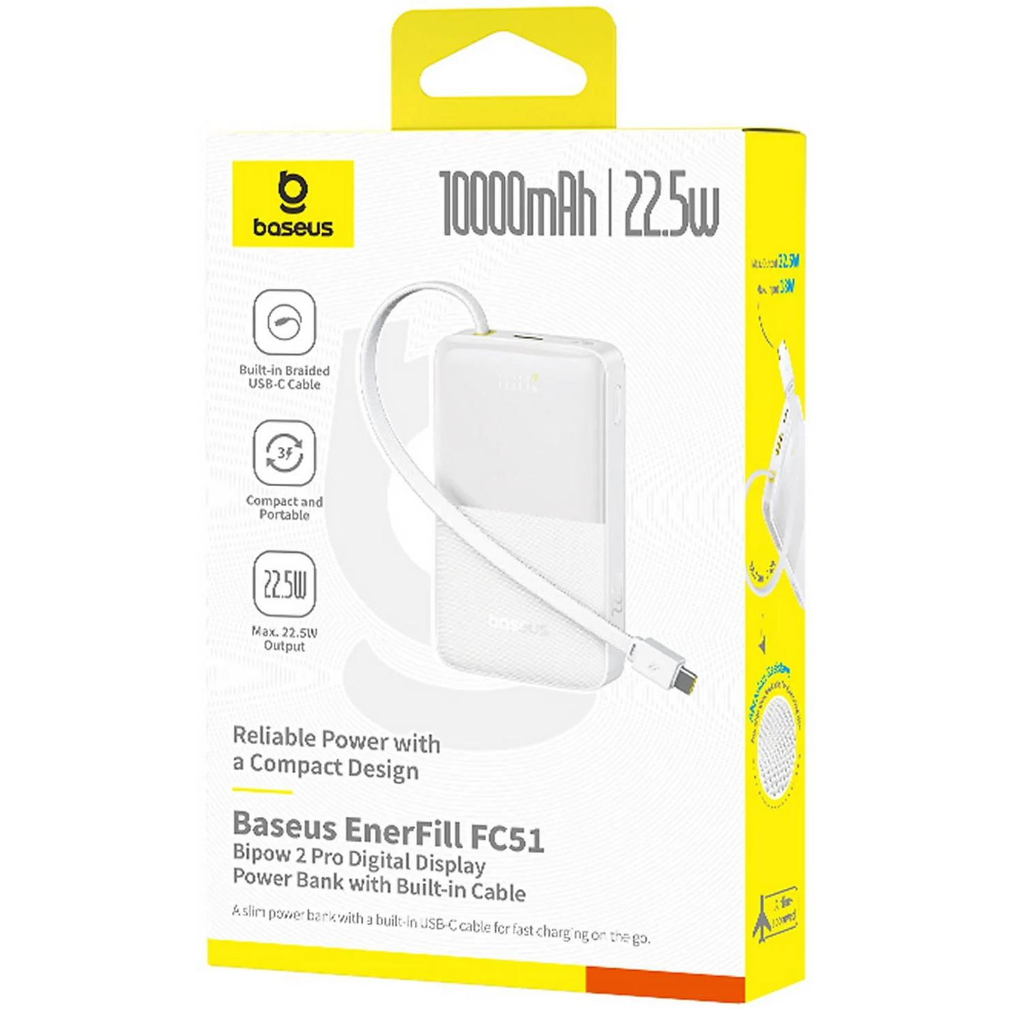 Ekstern batteri Baseus EnerFill Bipow2 Pro, 10000mAh, 22.5W, QC + PD, 1 x USB-A - 2 x USB-C, Hvit E0027601