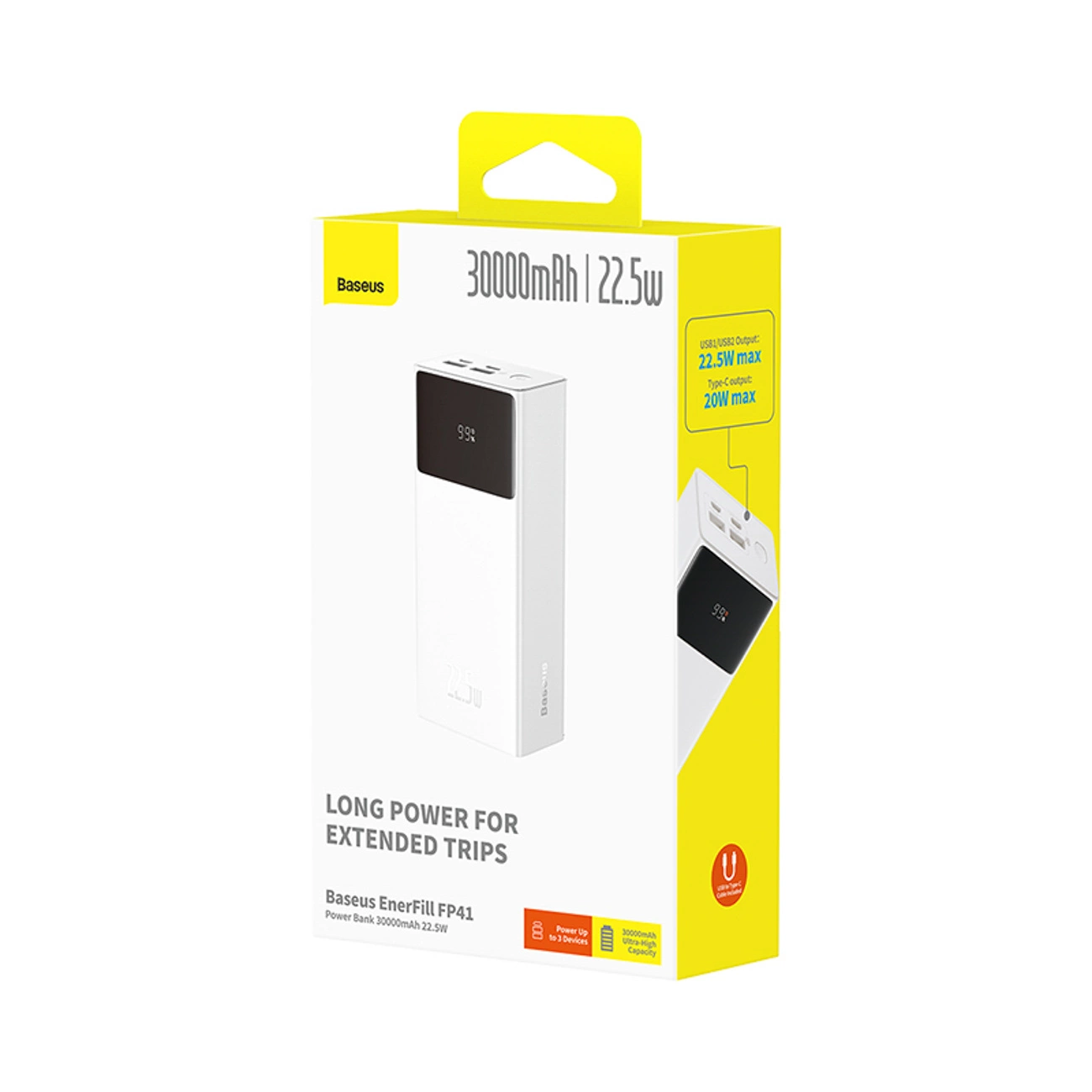 Ekstern batteri Baseus EnerFill FP41, 30000mAh, 22,5W, QC + PD, 1 x USB-C - 2 x USB-A, Hvit E0027K01