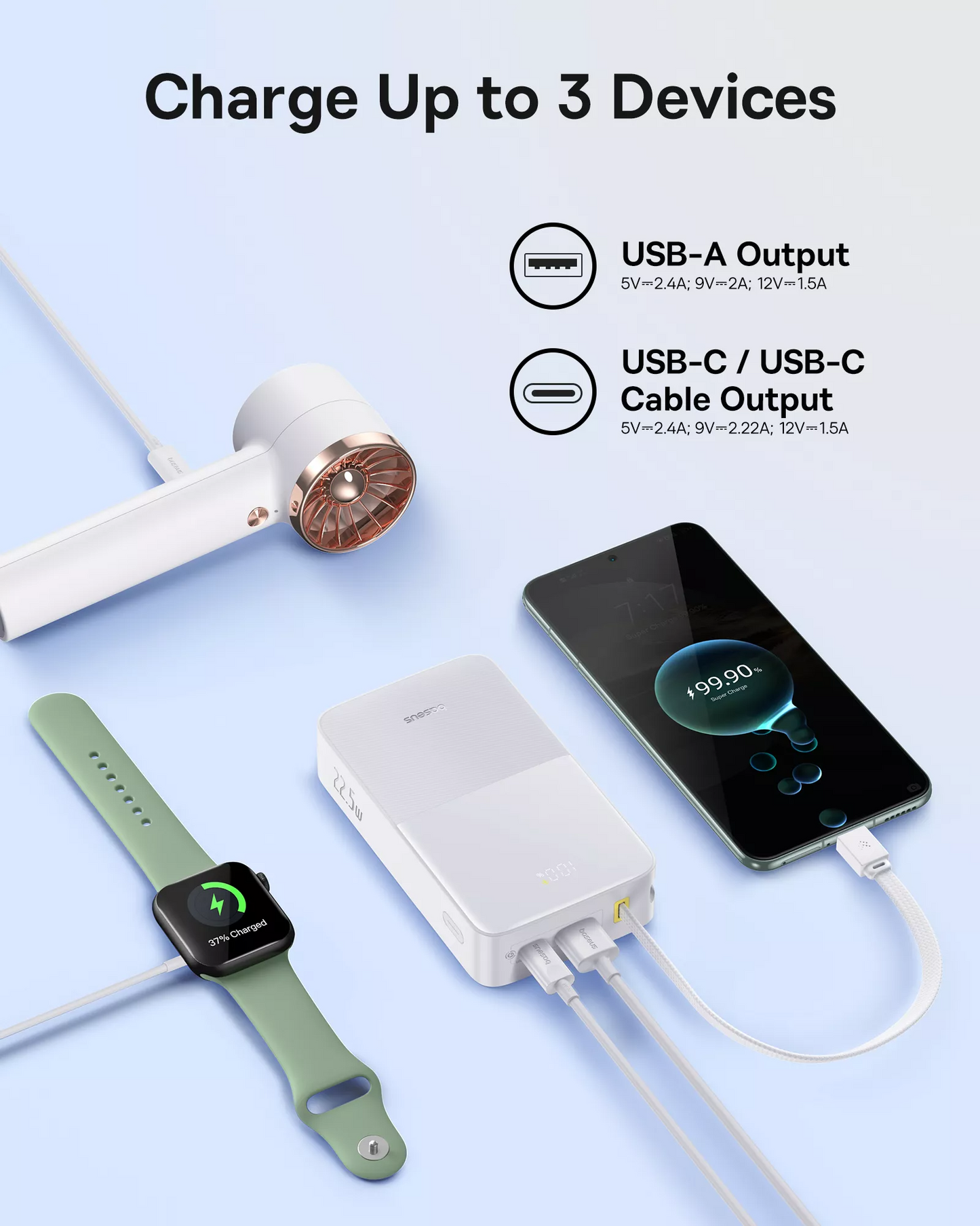 Ekstern batteri Baseus EnerFill Bipow2 Pro, 20000mAh, 22.5W, QC + PD, 1 x USB-A - 2 x USB-C, Hvit E0027700