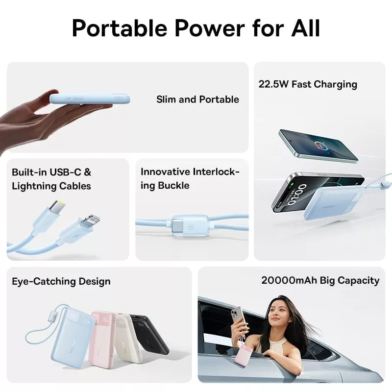 Baseus EnerFill FC11 Ekstern Batteri, 10000mAh, 22,5W, QC + PD, 1 x Lightning - 1 x USB-A - 2 x USB-C, Svart E0027R04