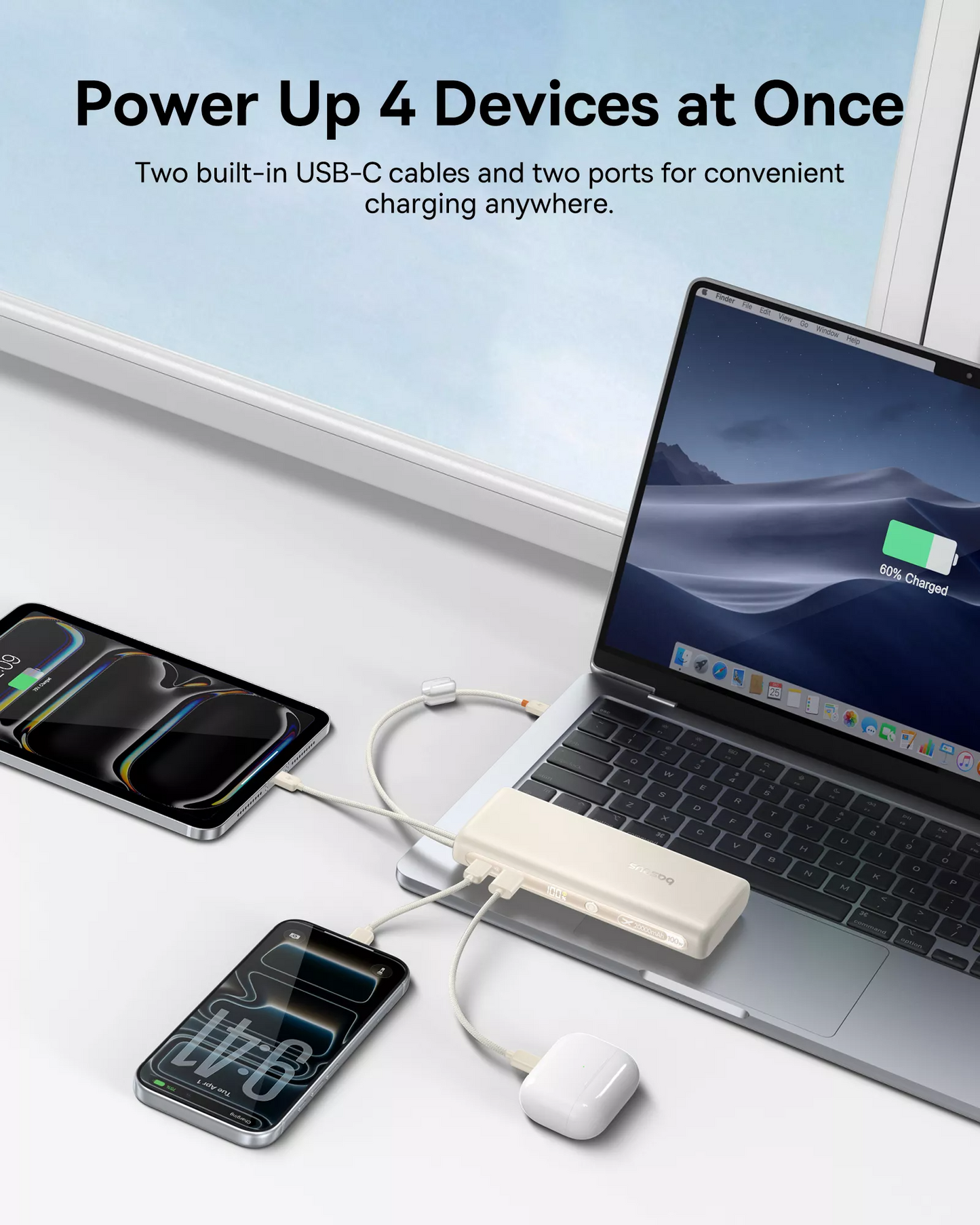 Baseus EnerFill FC41 Ekstern Batteri, 20000mAh, 100W, QC + PD, 1 x USB-A - 3 x USB-C, Hvit E0028N04