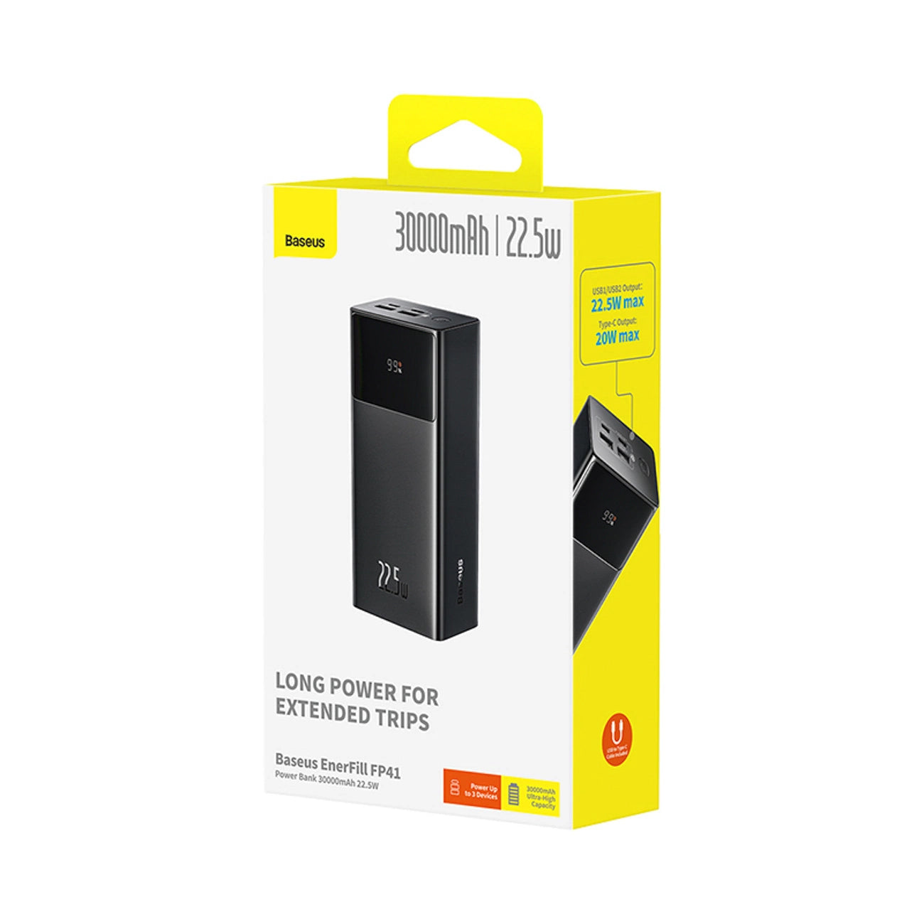 Ekstern batteri Baseus EnerFill FP41, 30000mAh, 22.5W, QC + PD, 1 x USB-C - 2 x USB-A, Svart