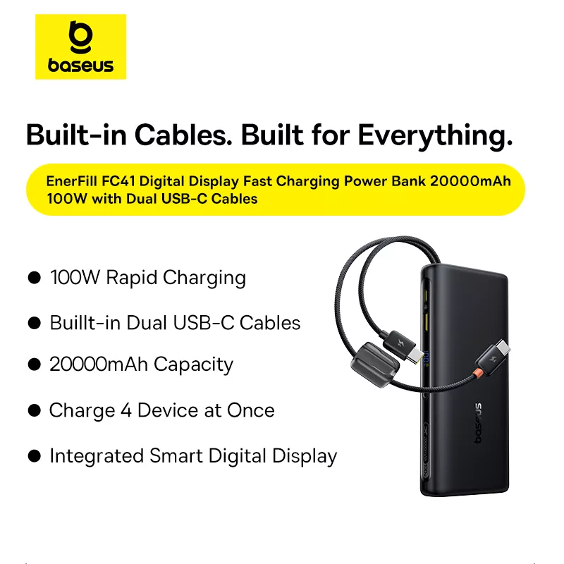 Ekstern batteri Baseus EnerFill FC41, 20000mAh, 100W, QC + PD, 1 x USB-A - 3 x USB-C, Svart E0028N03