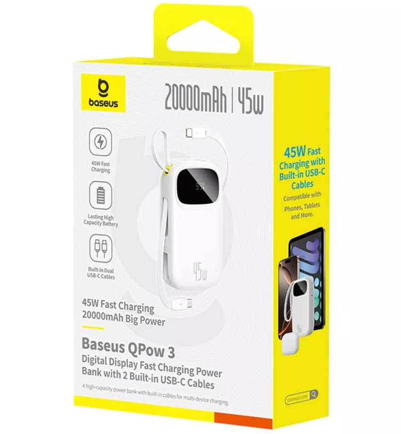Baseus EnerFill FC31 Ekstern Batteri, 20000mAh, 45W, QC + PD, 1 x Lightning - 1 x USB-A - 2 x USB-C, Hvit P10082105213-00