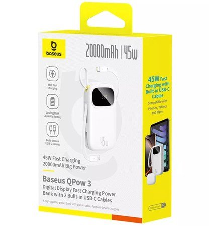 Baseus EnerFill FC31 Ekstern Batteri, 20000mAh, 45W, QC + PD, 1 x Lightning - 1 x USB-A - 2 x USB-C, Hvit P10082105213-00