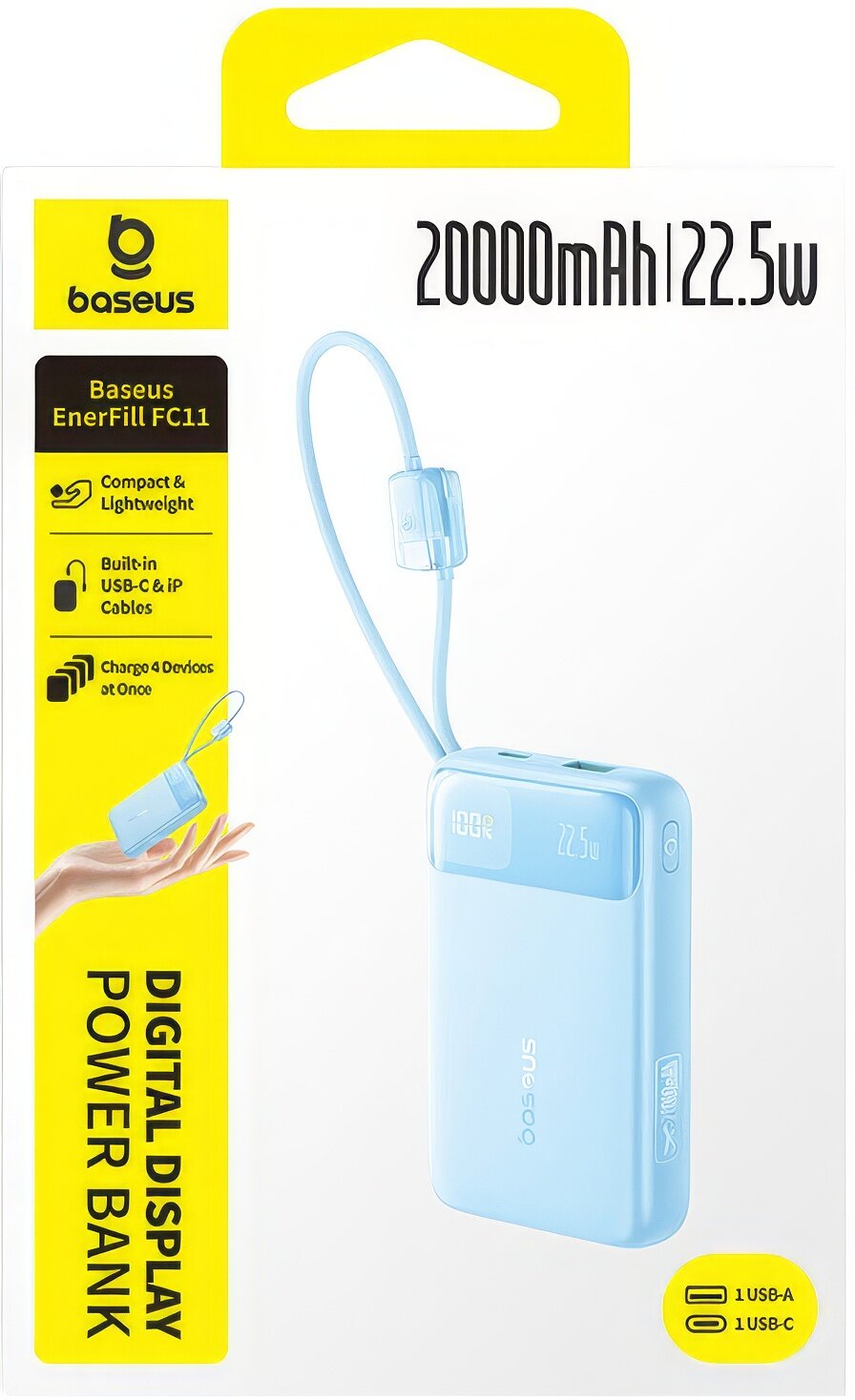 Baseus EnerFill FC11 eksternt batteri, 20000mAh, 22,5W, QC + PD, 1 x Lightning - 1 x USB-A - 2 x USB-C, Blå E0027S06
