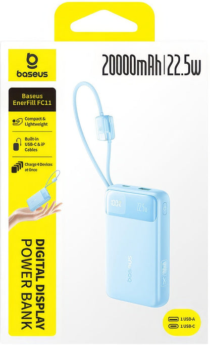 Baseus EnerFill FC11 eksternt batteri, 20000mAh, 22,5W, QC + PD, 1 x Lightning - 1 x USB-A - 2 x USB-C, Blå E0027S06
