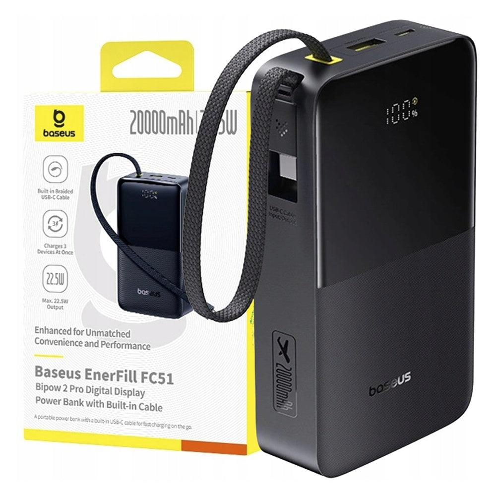 Baseus EnerFill Bipow2 Pro ekstern batteri, 20000mAh, 22.5W, QC + PD, 1 x USB-A - 2 x USB-C, Svart E0027701