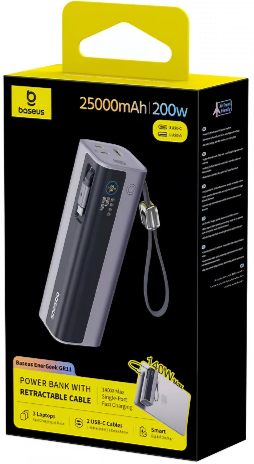 Baseus EnerGeek GR11 Ekstern Batteri, 25000mAh, 200W, QC + PD, 1 x USB-A - 3 x USB-C, Grå E0028Q00