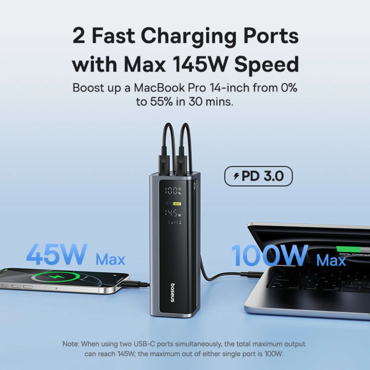 Ekstern Batteri Baseus EnerGeek GP12, 20800mAh, 145W, QC + PD, 2 x USB-A - 2 x USB-C, Grå P10082109813-00