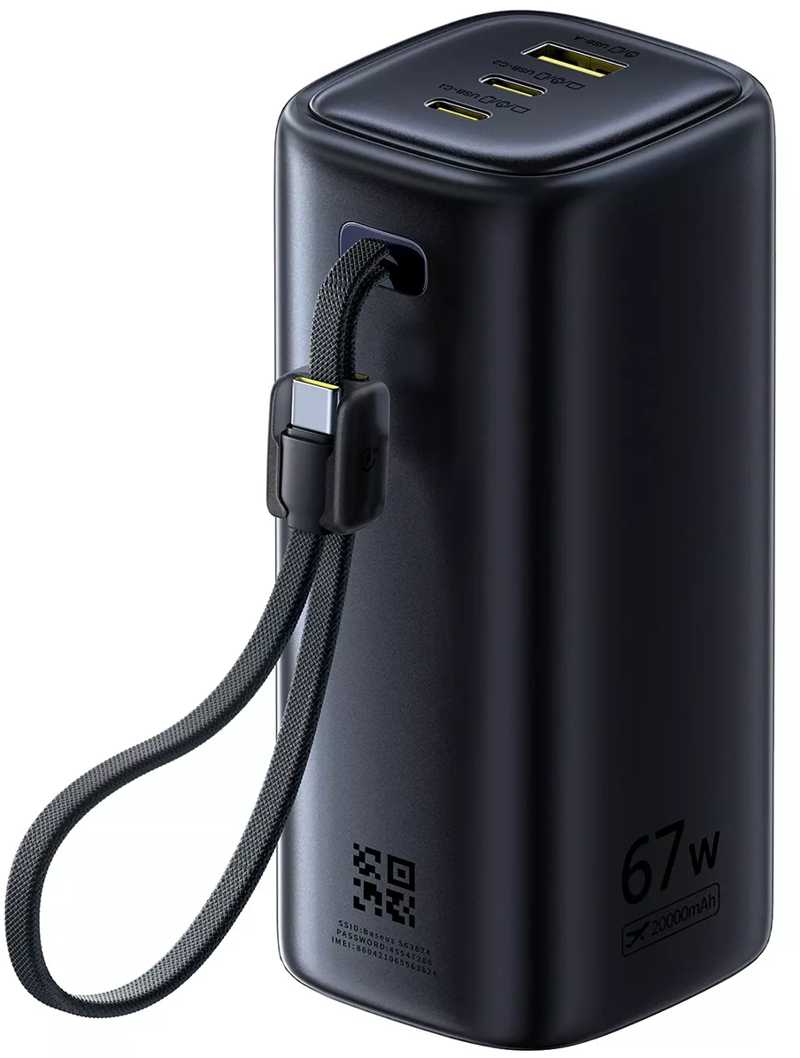 Baseus EnerGeek GX11 Ekstern Batteri, 20000mAh, 67W, QC + PD, 1 x USB-A - 2 x USB-C, Svart E0025701