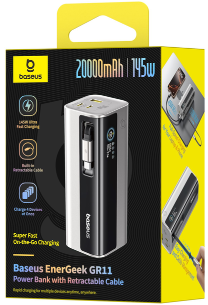 Baseus EnerGeek GR11 Ekstern Batteri, 20000mAh, 145W, QC + PD, 1 x USB-A - 3 x USB-C, Sølv E0027B02