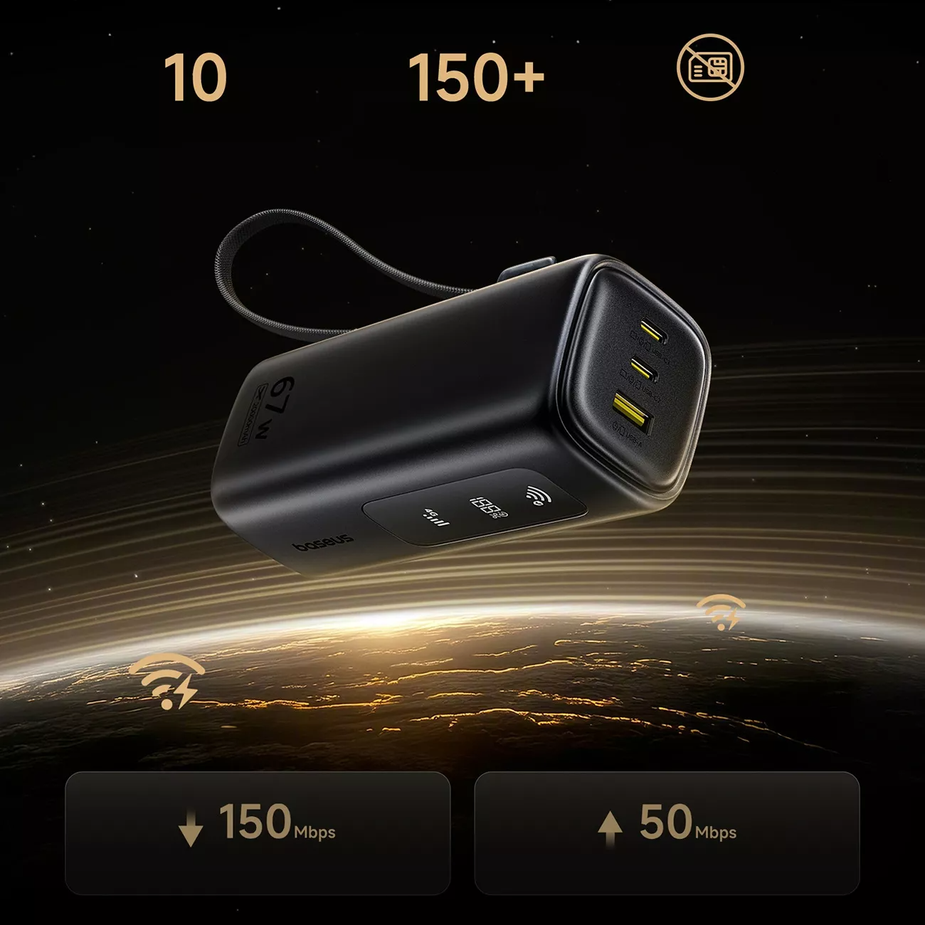 Baseus EnerGeek GX11 Ekstern Batteri, 20000mAh, 67W, QC + PD, 1 x USB-A - 2 x USB-C, Svart E0025701