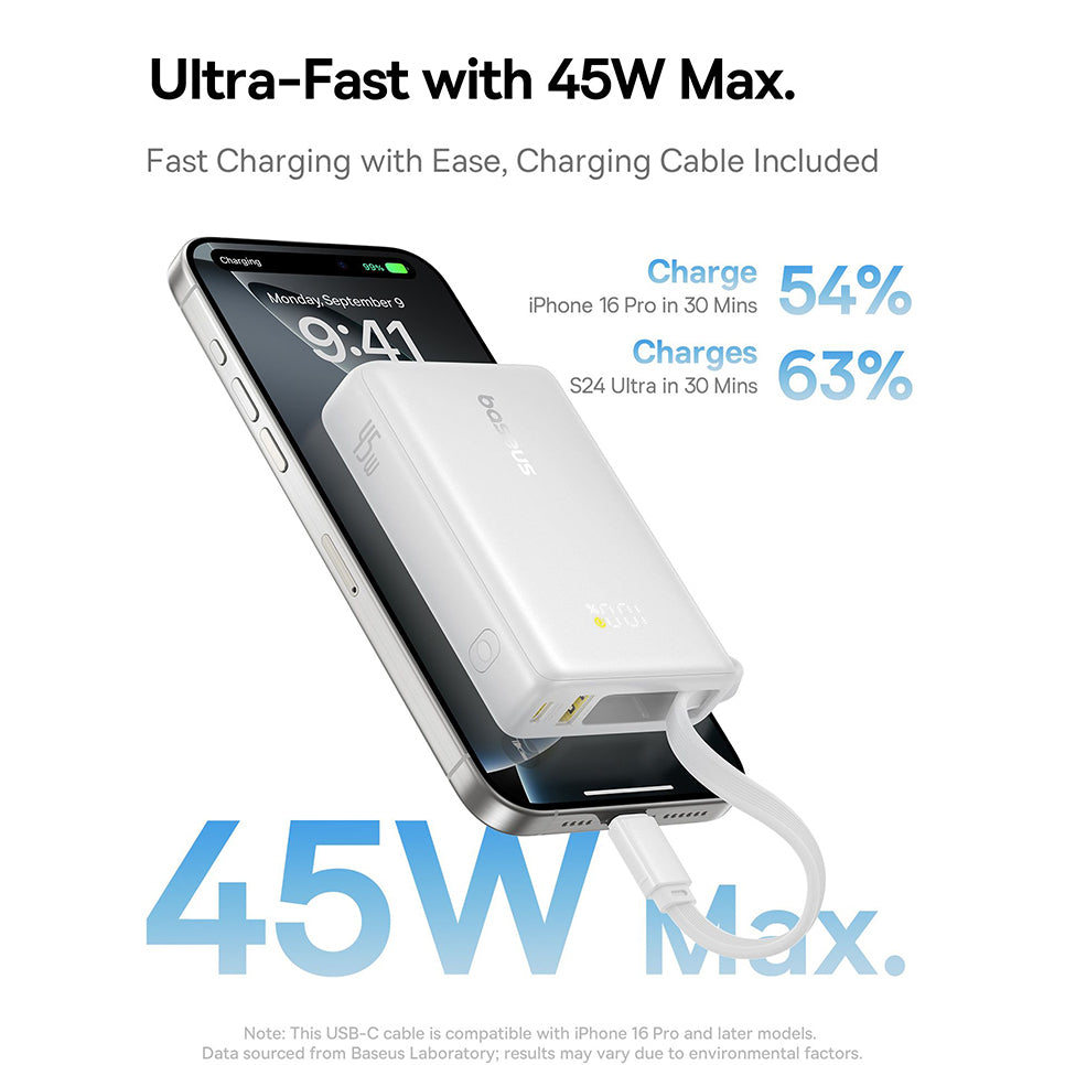 Ekstern batteri Baseus PicoGo, 10000mAh, 45W, QC + PD, 1 x USB-A - 2 x USB-C, Hvit P10076803213-00