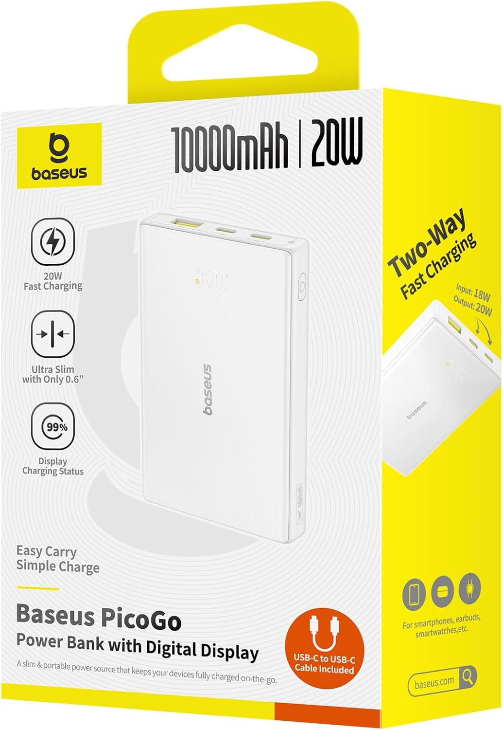 Ekstern Batteri Baseus PicoGo, 10000mAh, 20W, QC + PD, 1 x USB-A - 2 x USB-C, Hvit P10076801213-00