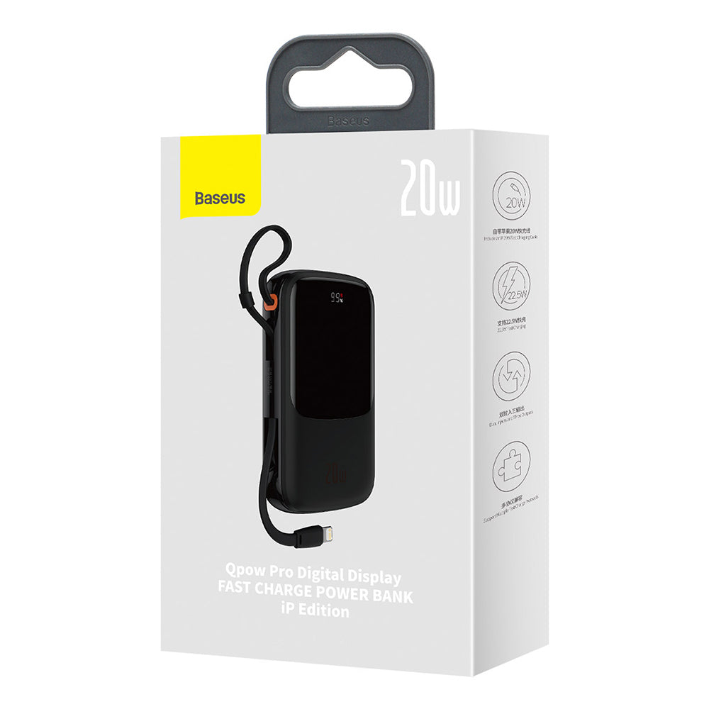 Ekstern batteri Baseus Qpow Pro, 20000mAh, 20W, QC + PD, 1 x Lightning - 1 x USB-A - 1 x USB-C, Svart PPQD040001
