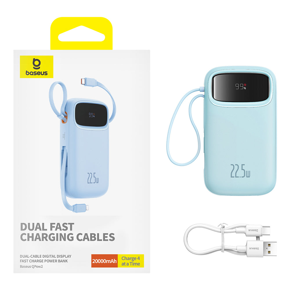 Baseus Qpow Pro+ Ekstern Batteri, 20000mAh, 22.5W, QC + PD, 1 x Lightning - 1 x USB-A - 2 x USB-C, Blå P10055002313-00