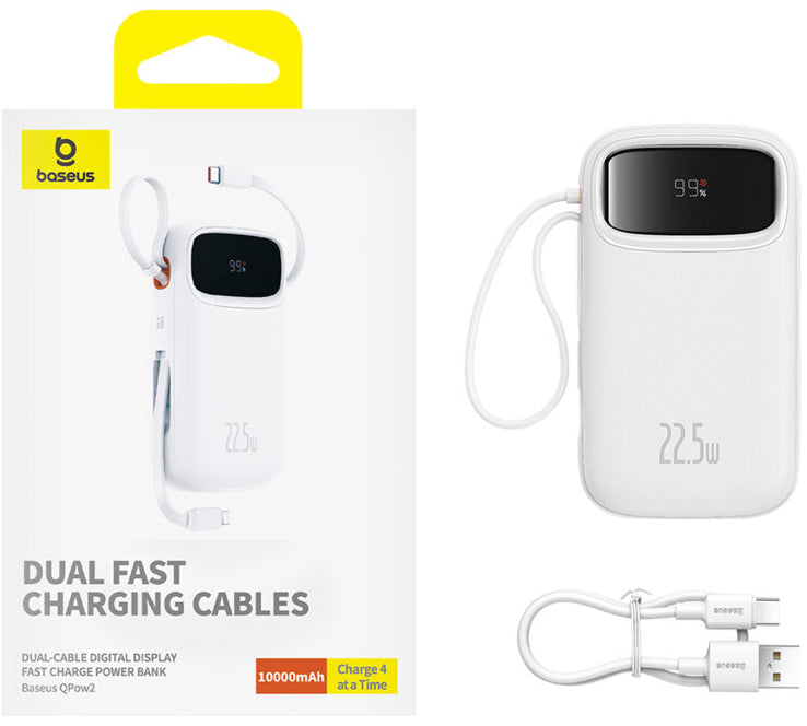 Ekstern batteri Baseus Qpow2, 10000mAh, 22.5W, QC + PD, 1 x Lightning - 1 x USB-A - 2 x USB-C, Hvit P10055003223-00