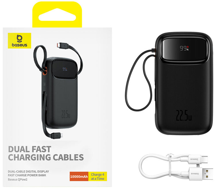 Ekstern batteri Baseus Qpow2, 10000mAh, 22.5W, QC + PD, 1 x Lightning - 1 x USB-A - 2 x USB-C, Svart P10055003113-00