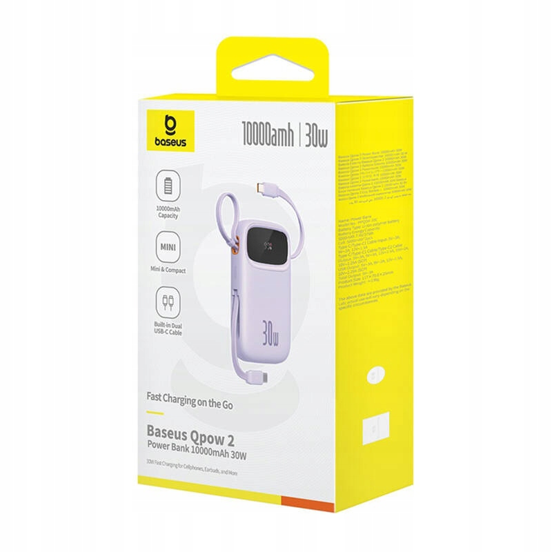 Ekstern batteri Baseus Qpow2, 10000mAh, 30W, QC + PD, 1 x USB-A - 3 x USB-C, Lilla P10055008513-00
