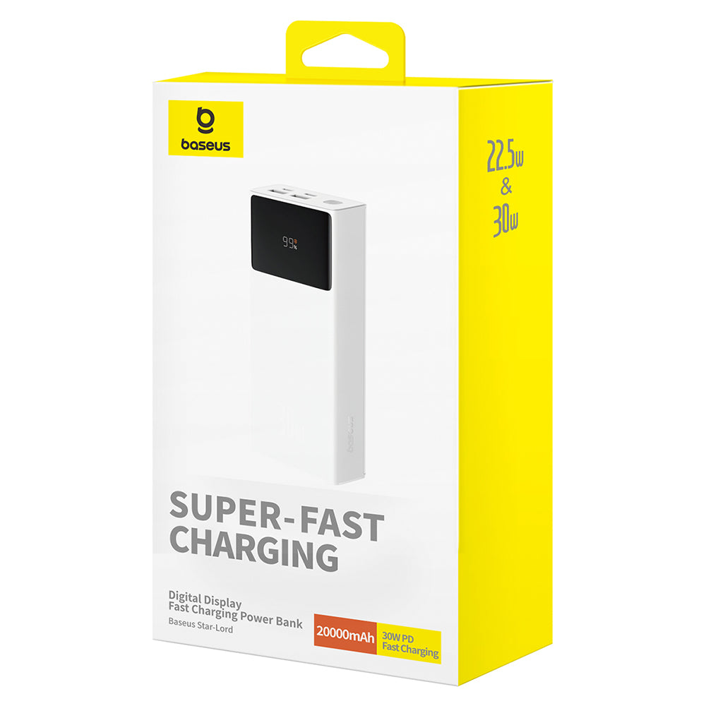 Ekstern Batteri Baseus Star Lord, 20000mAh, 30W, QC + PD, 1 x USB-C - 2 x USB-A, Hvit P10022904213-00