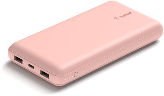 Belkin BoostCharge Ekstern Batteri, 20000mAh, 15W, 1 x USB-C - 2 x USB-A, Rosa Gull BPB012btRG
