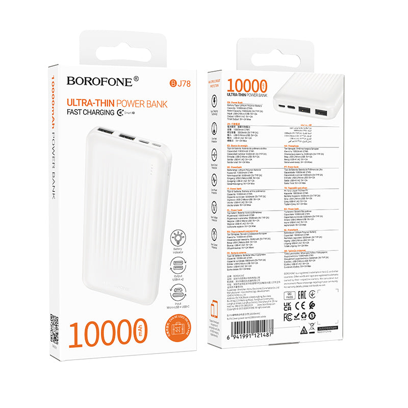 Borofone BJ78 Clever Ekstern Batteri, 10000mAh, 10W, 2 x USB-A, Hvit