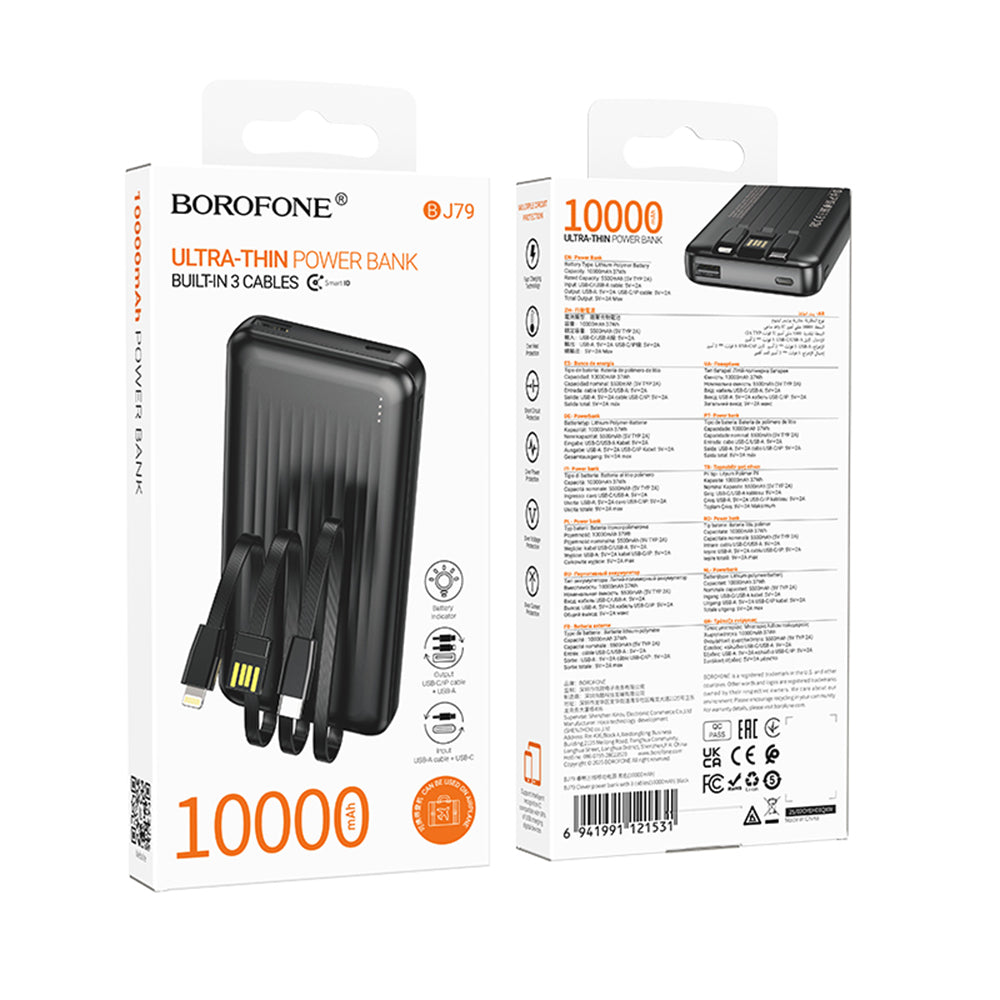 Ekstern Batteri Borofone BJ79 Clever, 10000mAh, 10W, 1 x Lightning - 1 x USB-A - 1 x USB-C, Svart