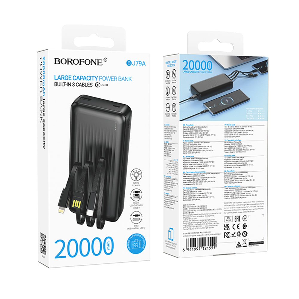 Ekstern batteri Borofone BJ79 Clever, 20000mAh, 10W, 1 x Lightning - 1 x USB-A - 1 x USB-C, Svart