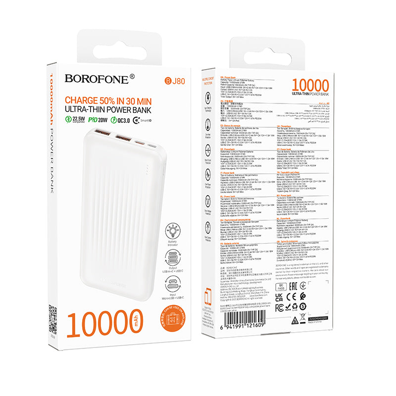 Ekstern batteri Borofone BJ80A Clever, 10000mAh, 22.5W, QC + PD, 1 x USB-C - 2 x USB-A, Hvit