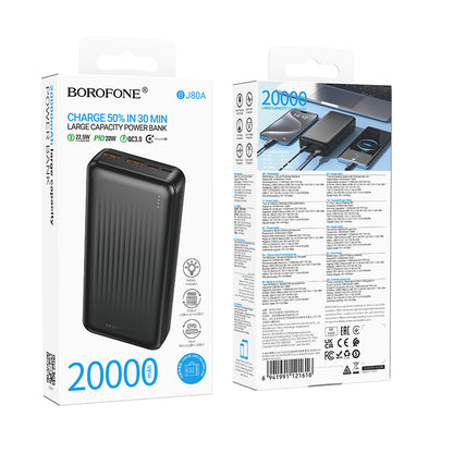 Ekstern batteri Borofone BJ80A Clever, 20000mAh, 22.5W, QC + PD, 1 x USB-C - 2 x USB-A, Svart
