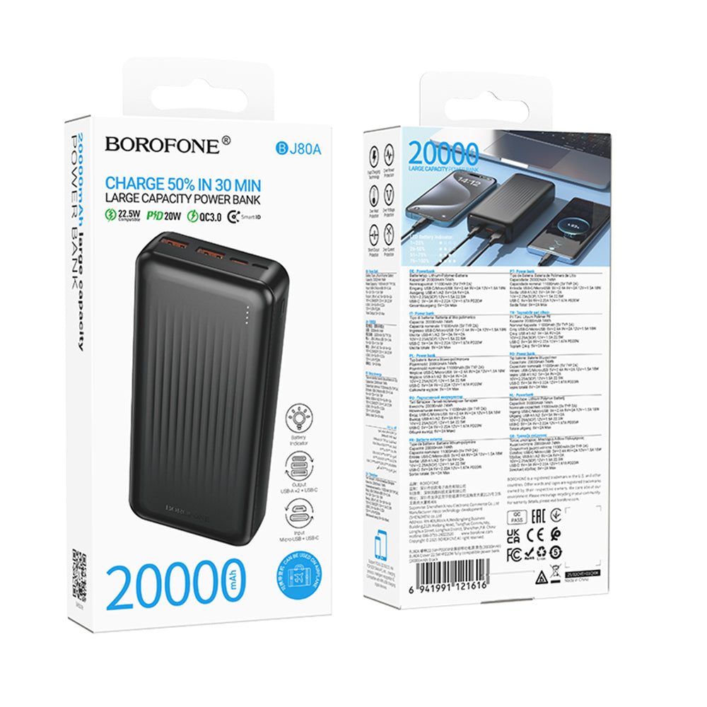 Ekstern batteri Borofone BJ80A Clever, 20000mAh, 22.5W, QC + PD, 1 x USB-C - 2 x USB-A, Svart