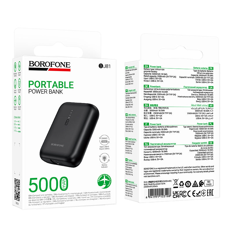 Borofone BJ81 Stability Ekstern Batteri, 5000mAh, 10W, 1 x USB-A, Svart