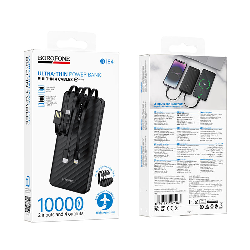 Borofone BJ84 Smooth Ekstern Batteri, 10000mAh, 10W, 1 x Lightning - 1 x microUSB - 1 x USB-A - 1 x USB-C, Svart