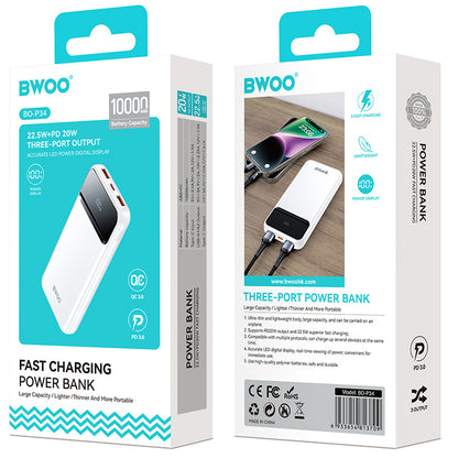 Ekstern batteri BWOO BO-P34, 10000mAh, 22,5W, QC + PD, 1 x USB-C - 2 x USB-A, hvit