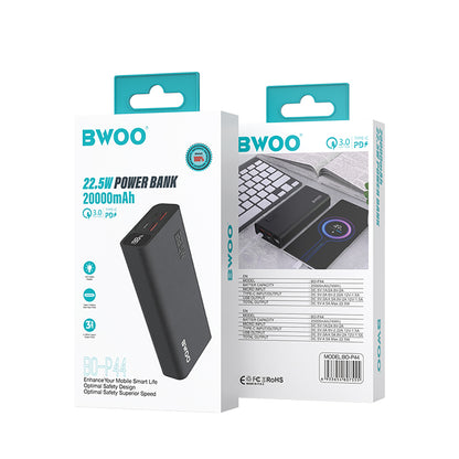 Ekstern Batteri BWOO BO-P44, 20000mAh, 22.5W, QC + PD, 1 x USB-C - 2 x USB-A, Svart