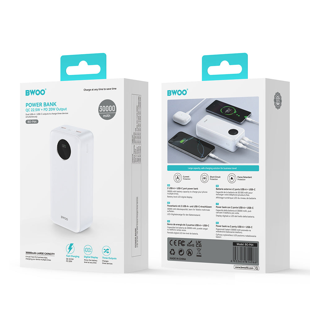 Ekstern Batteri BWOO BO-P64, 30000mAh, 22.5W, QC + PD, 1 x USB-C - 2 x USB-A, Hvit