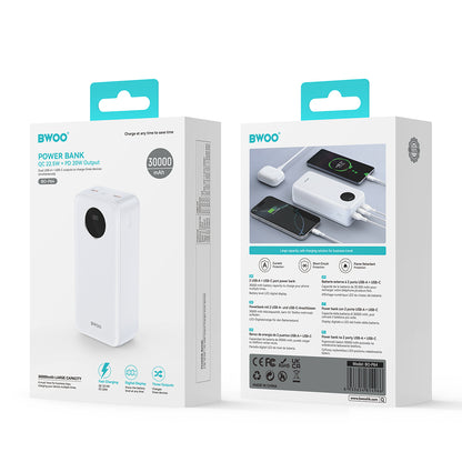 Ekstern Batteri BWOO BO-P64, 30000mAh, 22.5W, QC + PD, 1 x USB-C - 2 x USB-A, Hvit