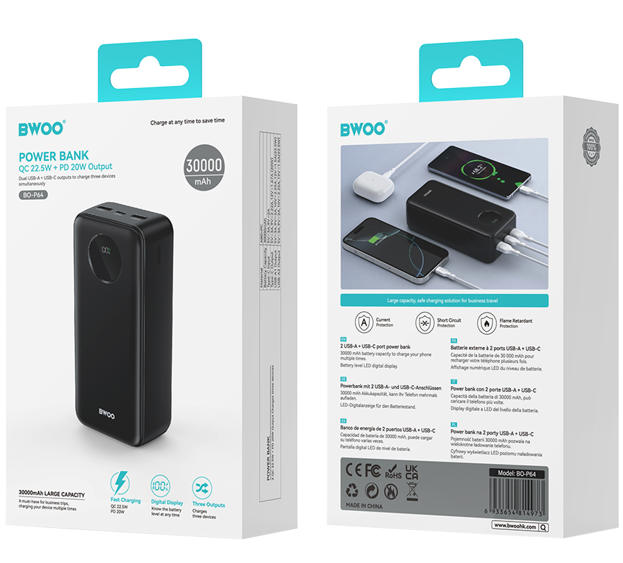 Ekstern batteri BWOO BO-P64, 30000mAh, 22.5W, QC + PD, 1 x USB-C - 2 x USB-A, Svart