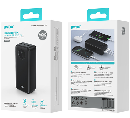 Ekstern batteri BWOO BO-P64, 30000mAh, 22.5W, QC + PD, 1 x USB-C - 2 x USB-A, Svart