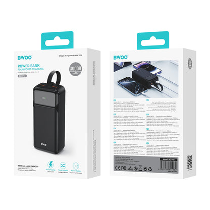 Ekstern Batteri BWOO BO-P66, 30000mAh, 65W, QC + PD, 1 x USB-C - 2 x USB-A, Svart
