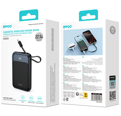 Trådløs Ekstern Batteri BWOO BO-P80, 10000mAh, 22.5W, PD + FQI, 1 x QI - 2 x USB-C, Svart